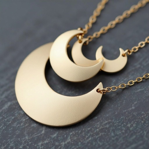 Подвеска из трех полумесяцев из матового неровного светлого золота соединенных цепочкой сверху самый широкий полукруг дальше средний и снизу самый маленький