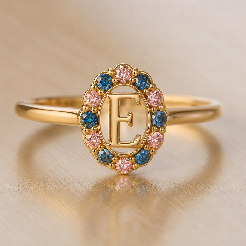 A vintage women's ring made of gold, ultra-minimalist, very simple and clean, understated, no embellishments. um anel de 15 anos com inicial E com pedrinhas azul e pedrinhas rosa em volta
photorealistic jewelry design, A vintage women's ring made of gold, ultra-minimalist, very simple and clean, understated, no embellishments. um anel de 15 anos com inicial E com pedrinhas azul e pedrinhas rosa em volta, vintage style, just the design no text