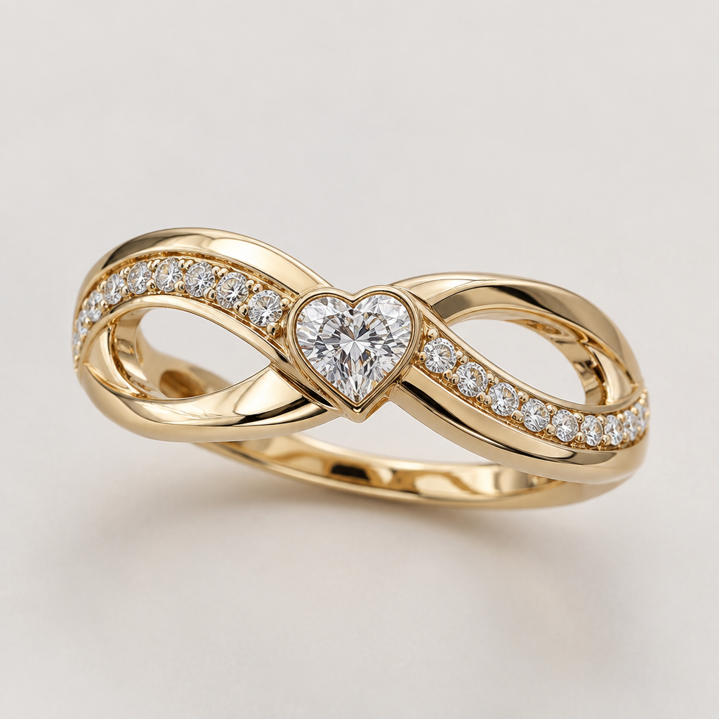 A modern women's ring made of gold with diamond stones suitable for engagement. La forma del círculo del anillo sea infinita y dónde lleva el diamante en forma de corazón en medio del anillo que no sobresalga del infinito
photorealistic jewelry design, A modern women's ring made of gold with diamond stones suitable for engagement. La forma del círculo del anillo sea infinita y dónde lleva el diamante en forma de corazón en medio del anillo que no sobresalga del infinito, modern style, just the design no text
