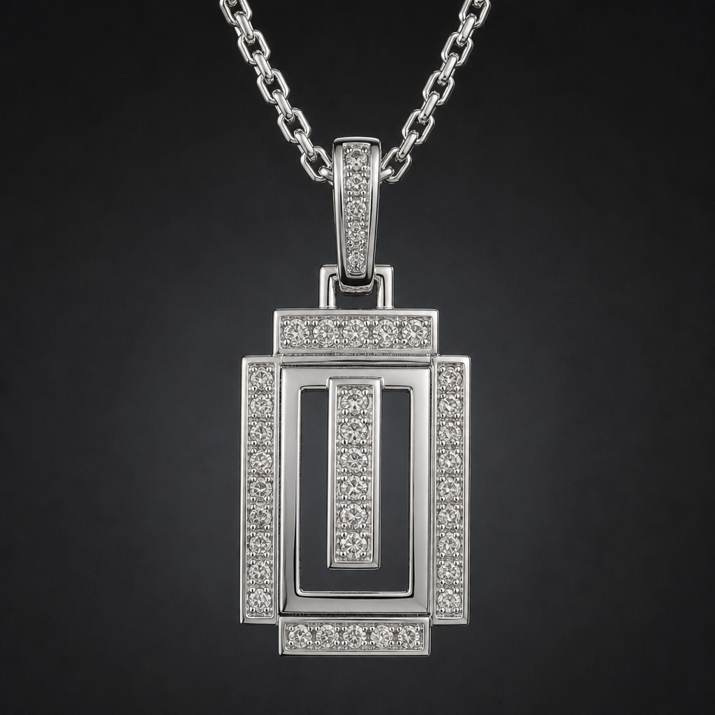 A luxury men's pendant made of silver with diamond stones suitable for daily wear
photorealistic jewelry design, A luxury men's pendant made of silver with diamond stones suitable for daily wear, luxury style, just the design no text