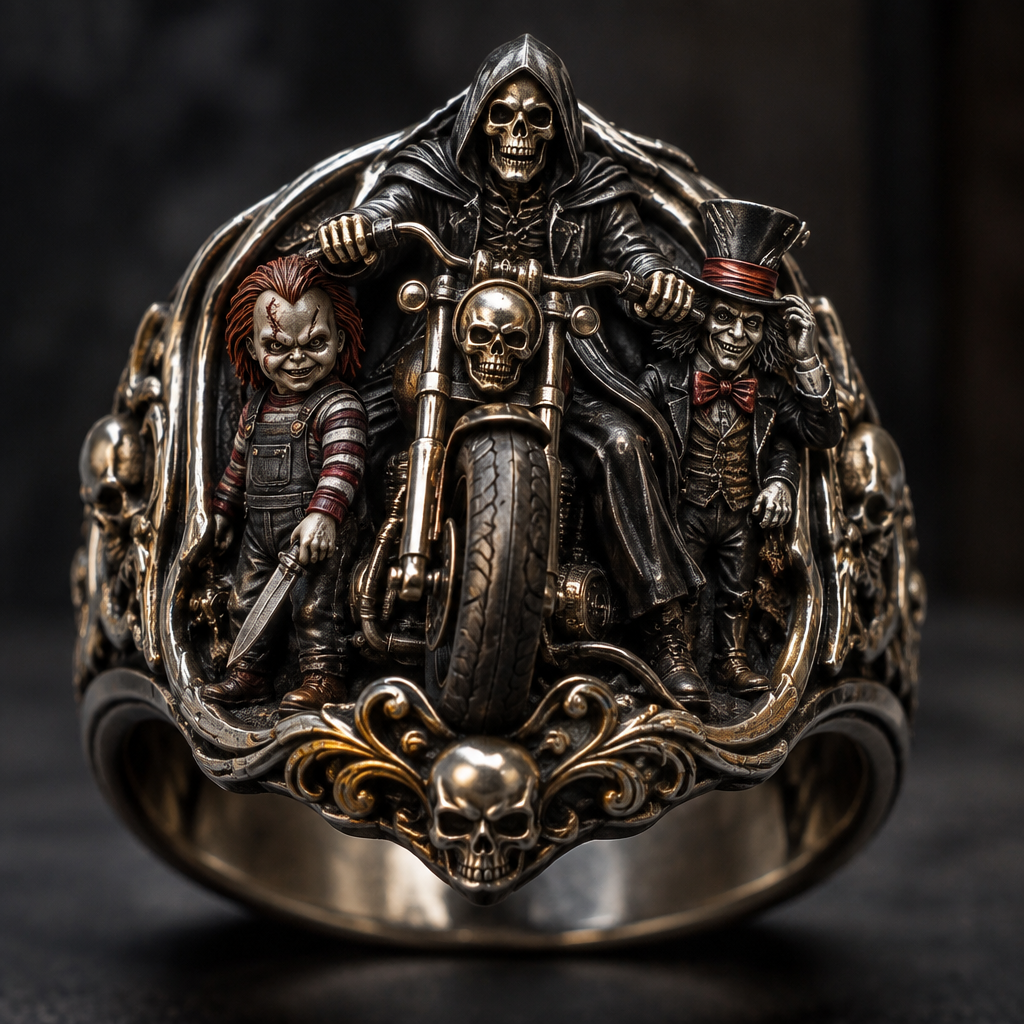 A gothic men's ring made of mixed metal suitable for formal, detailed and decorative, moderately ornate. reaper on a motorcycle with Chucky and the madhatter standing beside the cycle
photorealistic jewelry design, A gothic men's ring made of mixed metal suitable for formal, detailed and decorative, moderately ornate. reaper on a motorcycle with Chucky and the madhatter standing beside the cycle, gothic style, just the design no text