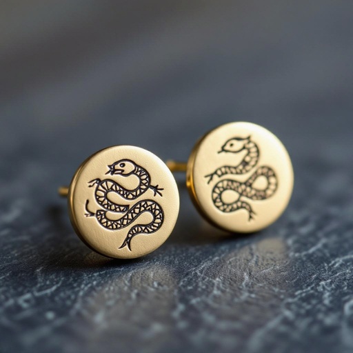 Небольшие золотые матовые серьги в виде символической змеи