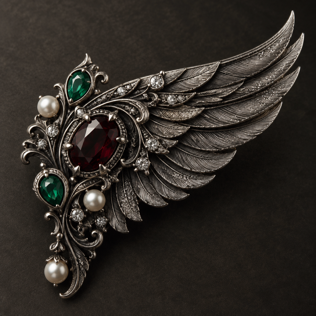 A victorian gothic women's brooch made of silver with diamond and garnet and pearl stones suitable for formal. A Gothic Victorian-era silver brooch shaped like an elegant feathered wing, inspired by the silhouette of a quill pen feather. The wing has layered, finely detailed feather shapes and ornate Victorian metalwork. One deep red gemstone in the center, two emerald gemstones, and several small sparkling diamond-like stones. Antique silver finish, intricate craftsmanship, dark gothic elegance, luxurious and dramatic.
photorealistic jewelry design, A victorian gothic women's brooch made of silver with diamond and garnet and pearl stones suitable for formal. A Gothic Victorian-era silver brooch shaped like an elegant feathered wing, inspired by the silhouette of a quill pen feather. The wing has layered, finely detailed feather shapes and ornate Victorian metalwork. One deep red gemstone in the center, two emerald gemstones, and several small sparkling diamond-like stones. Antique silver finish, intricate craftsmanship, dark gothic elegance, luxurious and dramatic., victorian_gothic style, just the design no text