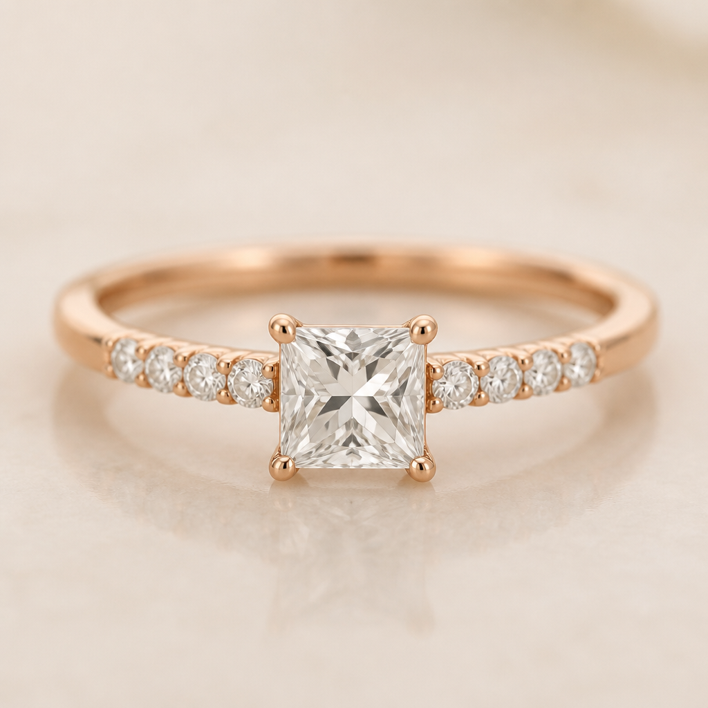 A classic women's ring made of rose gold with diamond stones suitable for gift. delicate ring with princess cut with small diomand chips on side (5) on each side
photorealistic jewelry design, A classic women's ring made of rose gold with diamond stones suitable for gift. delicate ring with princess cut with small diomand chips on side (5) on each side, classic style, just the design no text