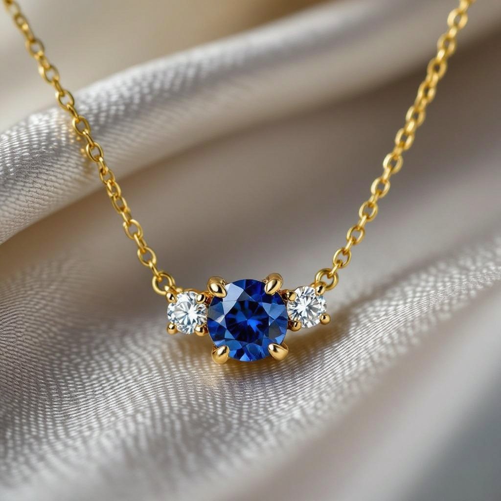 A gold necklace with a sapphire and a diamond that rappresent the fight against self harm 