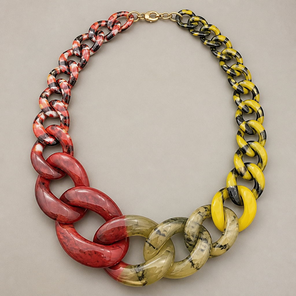 A women's necklace. create a chunky Cuban links style plastic necklace that is graduated and exaggerated in the first three links of colors inspired by poisonous snakes
photorealistic jewelry design, A women's necklace. create a chunky Cuban links style plastic necklace that is graduated and exaggerated in the first three links of colors inspired by poisonous snakes, modern style, just the design no text