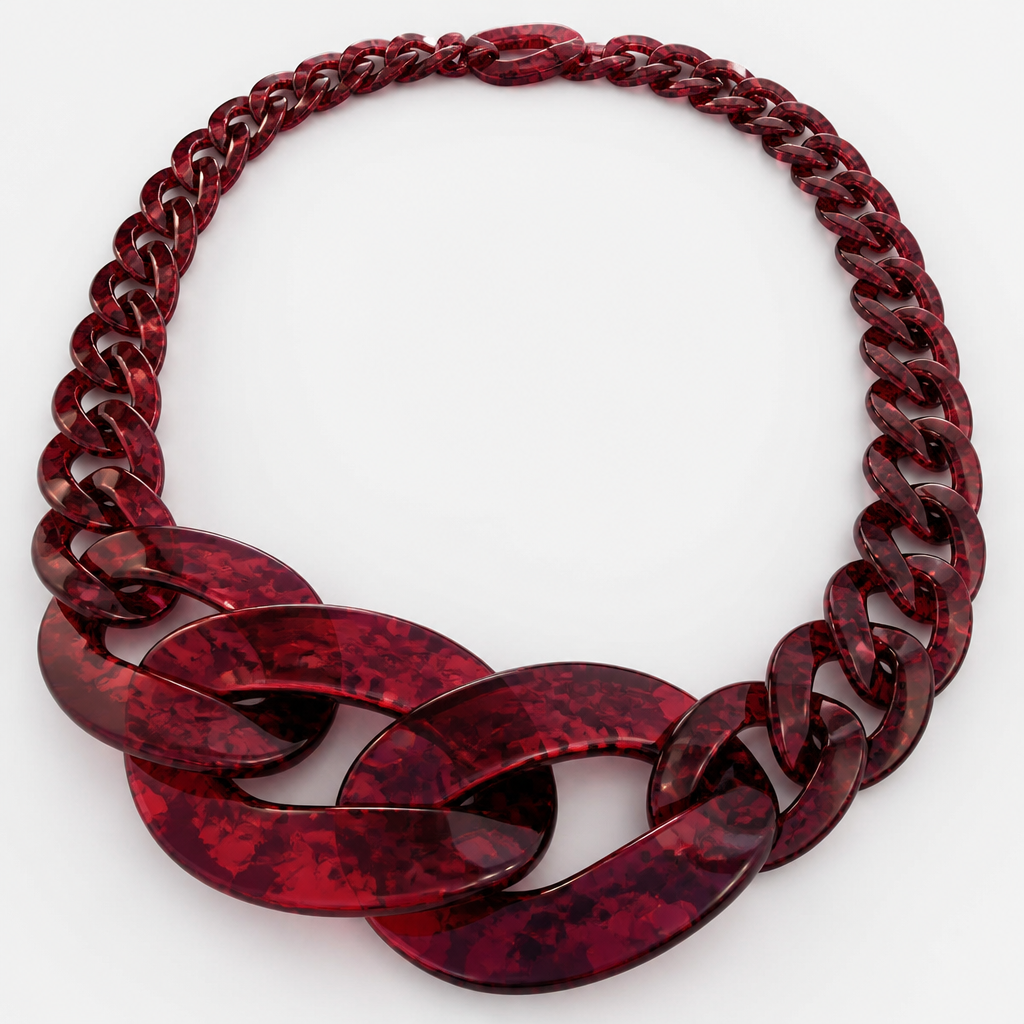 A women's necklace. create a chunky Cuban Link style plastic chain that is o graduated and exaggerated in the first front three links that is translucent confetti lucite in dark cherry color
photorealistic jewelry design, A women's necklace. create a chunky Cuban Link style plastic chain that is o graduated and exaggerated in the first front three links that is translucent confetti lucite in dark cherry color, modern style, just the design no text