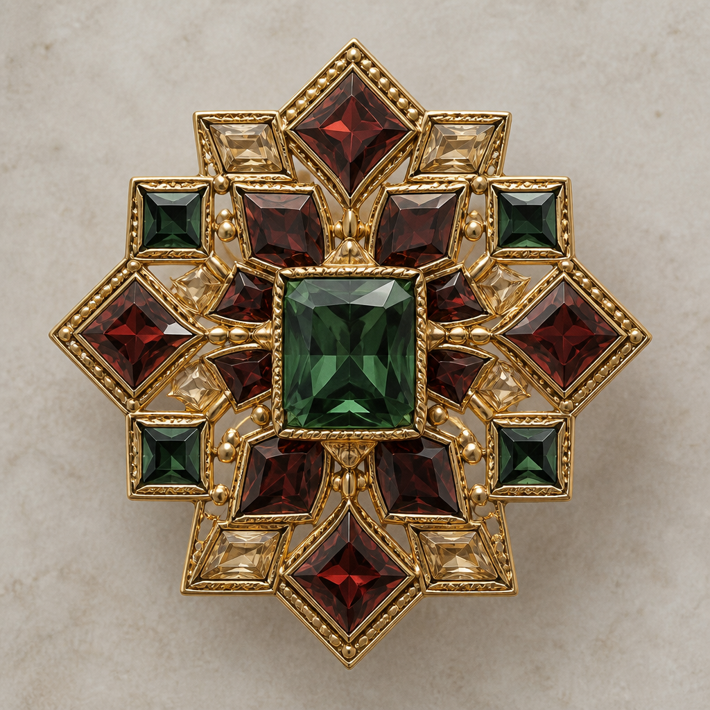 Inspired by Palestinian tiles, with portrait cut stones set over metal (the shape of the metal refracting through the stone)
photorealistic jewelry design, Inspired by Palestinian tiles, with portrait cut stones set over metal (the shape of the metal refracting through the stone) , byzantine style, just the design no text