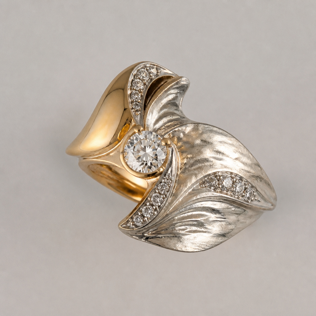A avant-garde women's ring made of mixed metal with diamond stones suitable for festival. An extraordinary excellent beautiful delicate and elegant solitaire women ring. Face of the ring.
photorealistic jewelry design, A avant-garde women's ring made of mixed metal with diamond stones suitable for festival. An extraordinary excellent beautiful delicate and elegant solitaire women ring. Face of the ring., avant_garde style, just the design no text