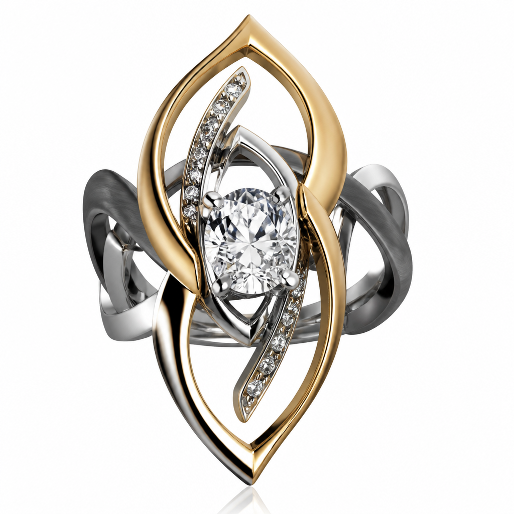A avant-garde women's ring made of mixed metal with diamond stones suitable for festival. An extraordinary excellent beautiful delicate and elegant solitaire women ring. Face of the ring.
photorealistic jewelry design, A avant-garde women's ring made of mixed metal with diamond stones suitable for festival. An extraordinary excellent beautiful delicate and elegant solitaire women ring. Face of the ring., avant_garde style, just the design no text