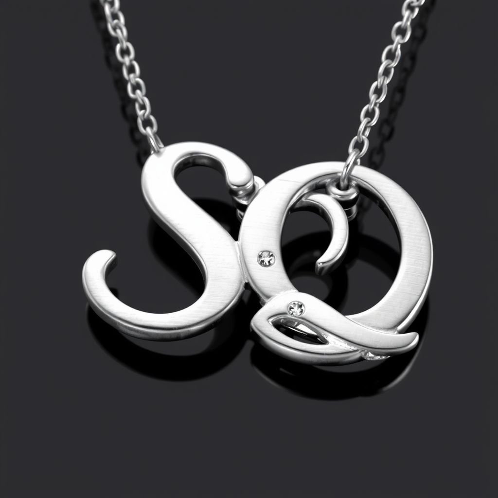 silver necklace with the pendant in letter letters SQ with white  stones. Make it cute and simple 
