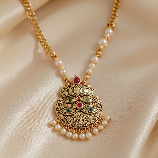 Кулон на длинной цепочке. Матовое светлое золото. В цепочке небольшие золотые шарики и жемчуг. Кулон в виде двух глаз над ними лотос с маленьким красным камнем внутри узоры завитушки 