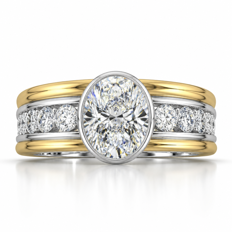 A women's ring. 10ct oval diamond
platinum closed basket
1.5 14k gold band each
3mm round accent stones
euro shank
comfort style
using the attached image as a visual reference, create A women's ring. 10ct oval diamond
platinum closed basket
1.5 14k gold band each
3mm round accent stones
euro shank
comfort style. photorealistic, just the design no text