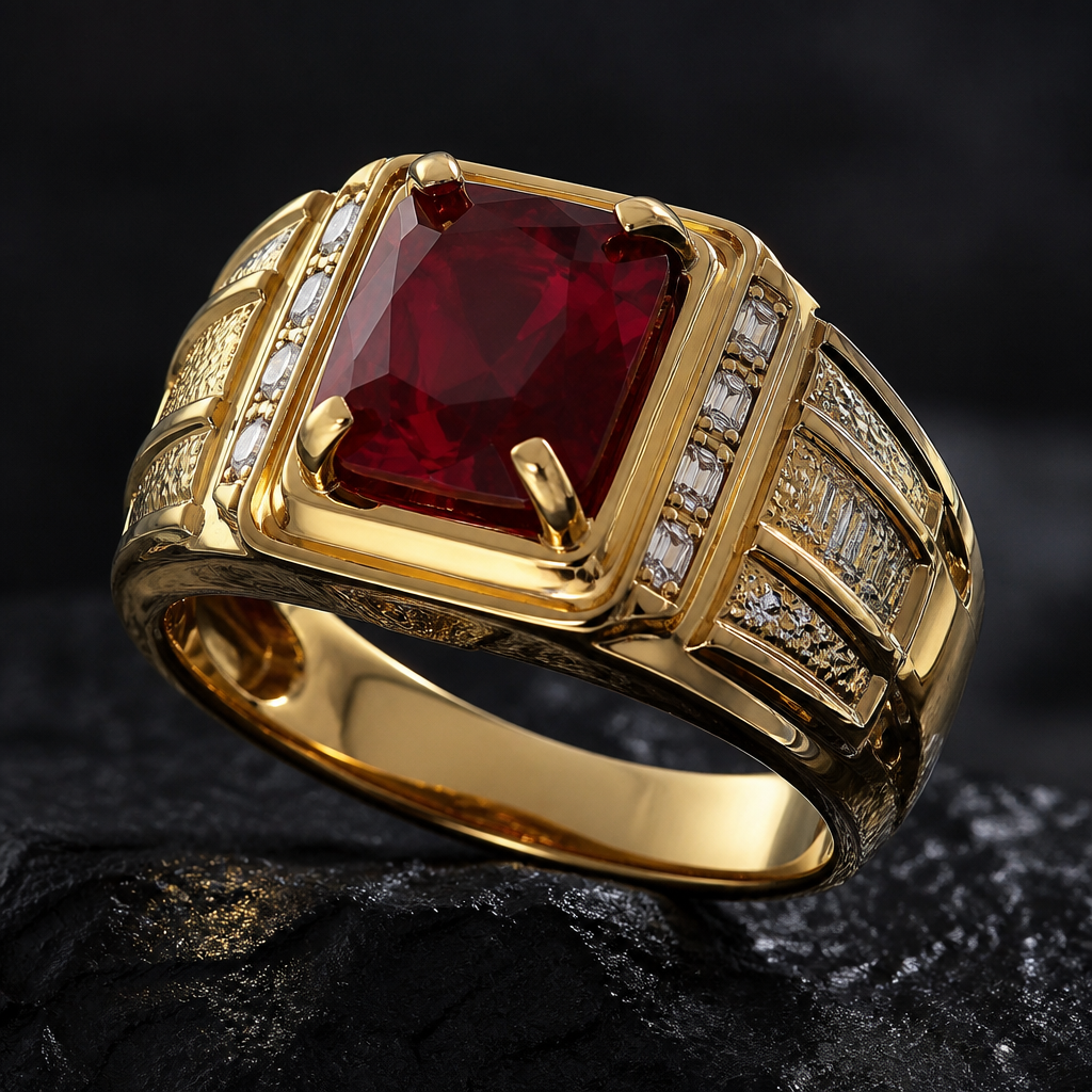 A women's ring. Tạo nhẫn nam đá Ruby: Men's ring, 18k yellow gold, large natural red Ruby, luxury design, photorealistic.
photorealistic jewelry design, A women's ring. Tạo nhẫn nam đá Ruby: Men's ring, 18k yellow gold, large natural red Ruby, luxury design, photorealistic., modern style, just the design no text