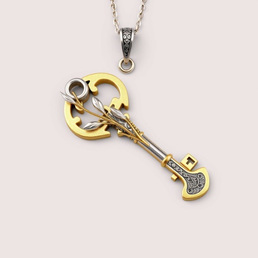 Old skeleton key shape gold and silver tones with olive branch turning on leg and keffieh print on the tip