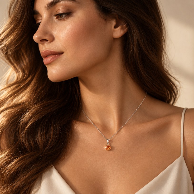 Jewelry photoshoot (worn)
Show the jewelry piece from the image worn by an elegant model in a professional editorial photograph, soft studio lighting. Reproduce the jewelry's exact design, metal, stones and details faithfully. Photorealistic, no text. Additional instructions: "Photorealistic, medium close-up shot of an elegant woman with her hair loose and flowing naturally over her shoulders, her head turned to look toward the left, showing half of her face in profile along with her neck and shoulders, in soft, diffused lighting. She is wearing a delicate, minuscule sterling silver necklace with the interlocked pavé diamond-encrusted heart and the polished silver heart exactly as shown in image_8.png. The pendant is resting naturally at the base of her neck. Her posture is graceful. Minimalist beige backdrop, shallow depth of field, focused sharply on the necklace and skin texture. 8k resolution, cinematic quality. Make sure the necklace chain stays as it is in the picture, meaning do not add any stones to it.
"Photorealistic, close-up editorial shot of an elegant woman with her hair swept to one side, exposing her long neck and collarbone, her chin slightly tilted upward, eyes softly closed, in warm golden-hour lighting. She is wearing a delicate, minuscule sterling silver necklace with the interlocked pavé diamond-encrusted heart and the polished silver heart exactly as shown in image_8.png, resting perfectly centered at the base of her throat. Soft shadows accentuate her collarbone, creating natural depth around the pendant. Minimalist cream backdrop, shallow depth of field, sharp focus on the necklace and skin texture, soft bokeh elsewhere. 8k resolution, cinematic quality, luxury jewelry campaign aesthetic. Make sure the necklace chain stays as it is in the picture, meaning do not add any stones to it. Jewelry scale note: make the pendant slightly smaller than shown in image_8.png — the necklace and pendant must be small, delicate and realistically proportioned, not oversized or exaggerated, true to how fine jewelry actually looks in real life.".