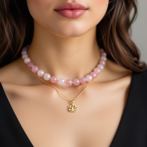 Чокер из натурального мелкого необработанного розового кварца неровной формы бусины с золотой маленькой подвеской в форме лотоса