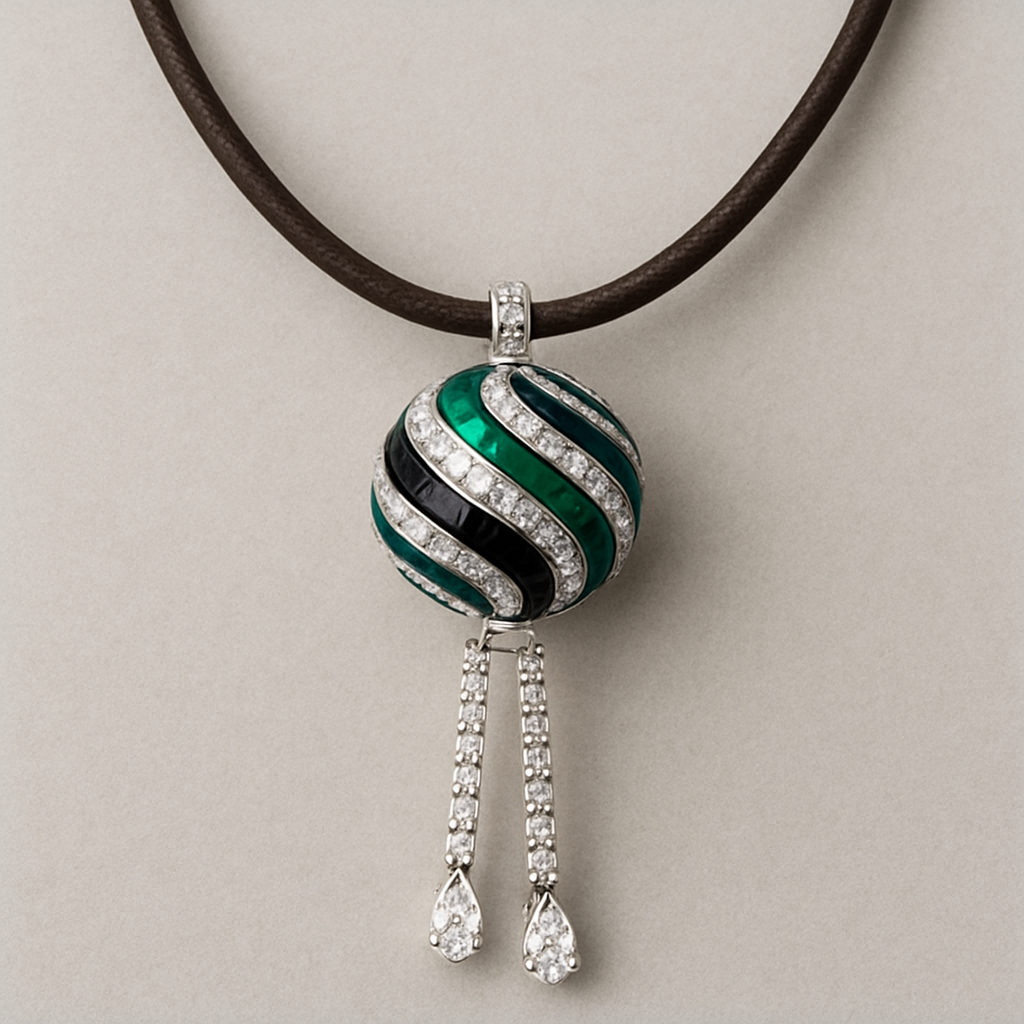 a necklace on leather strap with diamond tassels in the end of the leather strap then a 3d ball that has a swirl of slices  emerald black and diamonds white gold setting