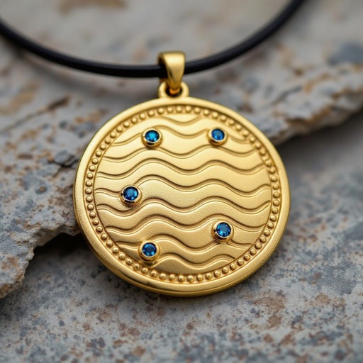 Золотой матовый медальон в форме неровного круга с неровными краями. По краям выпуклые точки сплошной линией. На круге разные волнистые узоры словно волны. Три миниатюрных голубых камушка хаотично расположены в круге