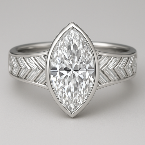 Bezel set 6 carat marquise diamond center stone with baguette diamonds in a herringbone pattern in the band