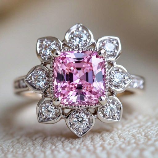 white gold ring with pink diamond in the form of a square with soft and round corners. on the edges decorated with diamonds and remotely resembling a flower. also in the Kyrgyz ethnic style.