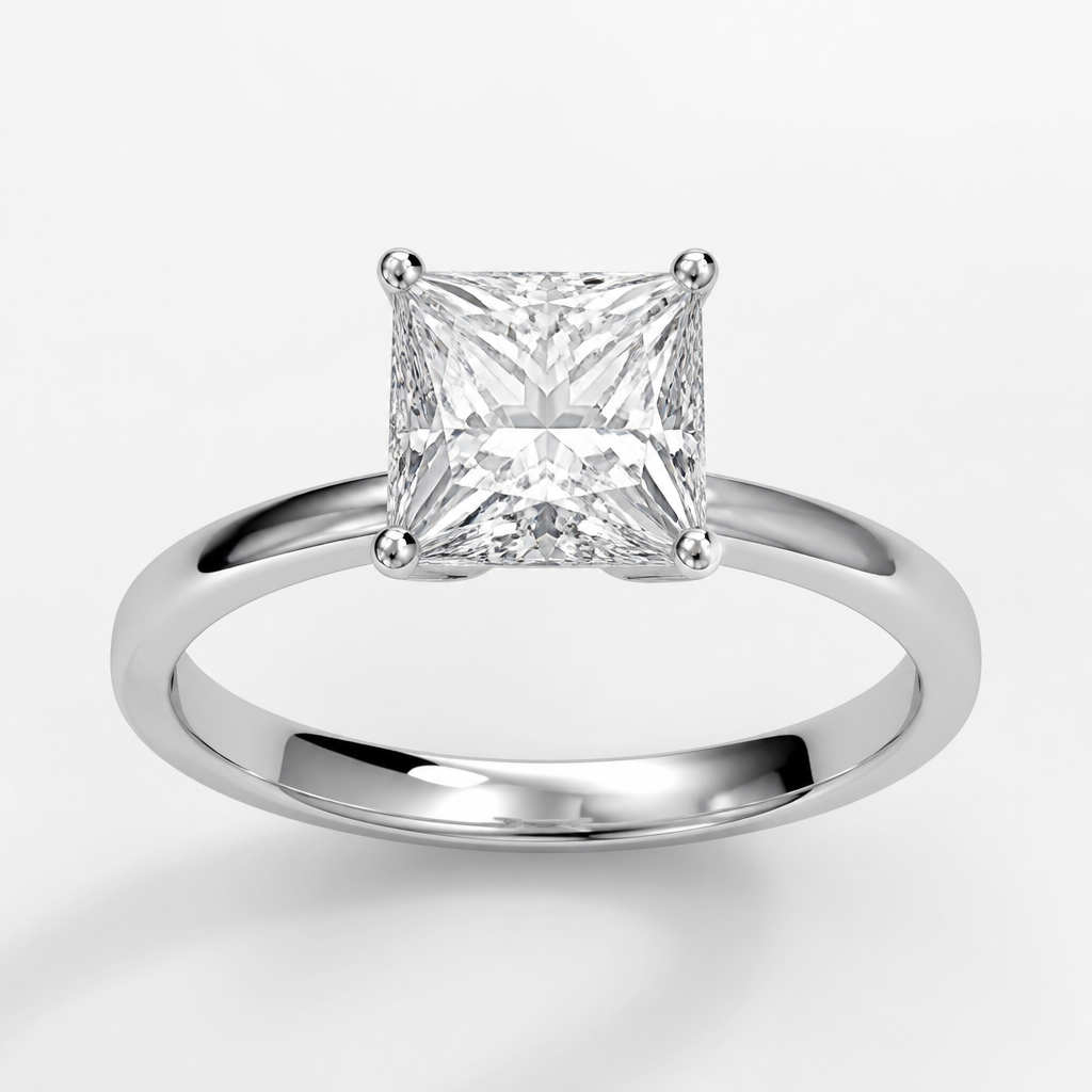 square diamond in classic elegant silver setting ring
photorealistic jewelry design, square diamond in classic elegant silver setting ring, just the design no text
