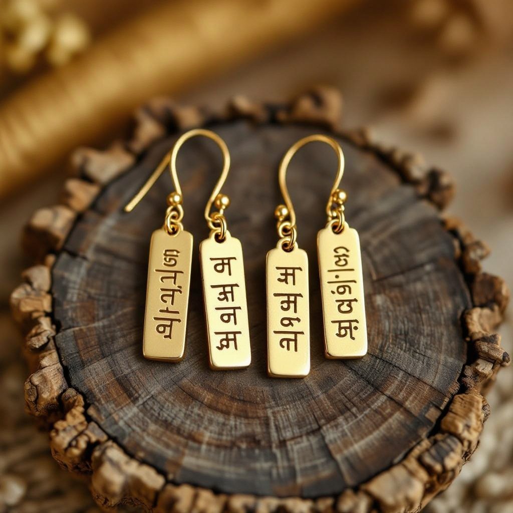 Золотые матовые серьги. На подвеска и виде тонкого длинного прямоугольника. На нем написана мантра Асатома на санскрите. 