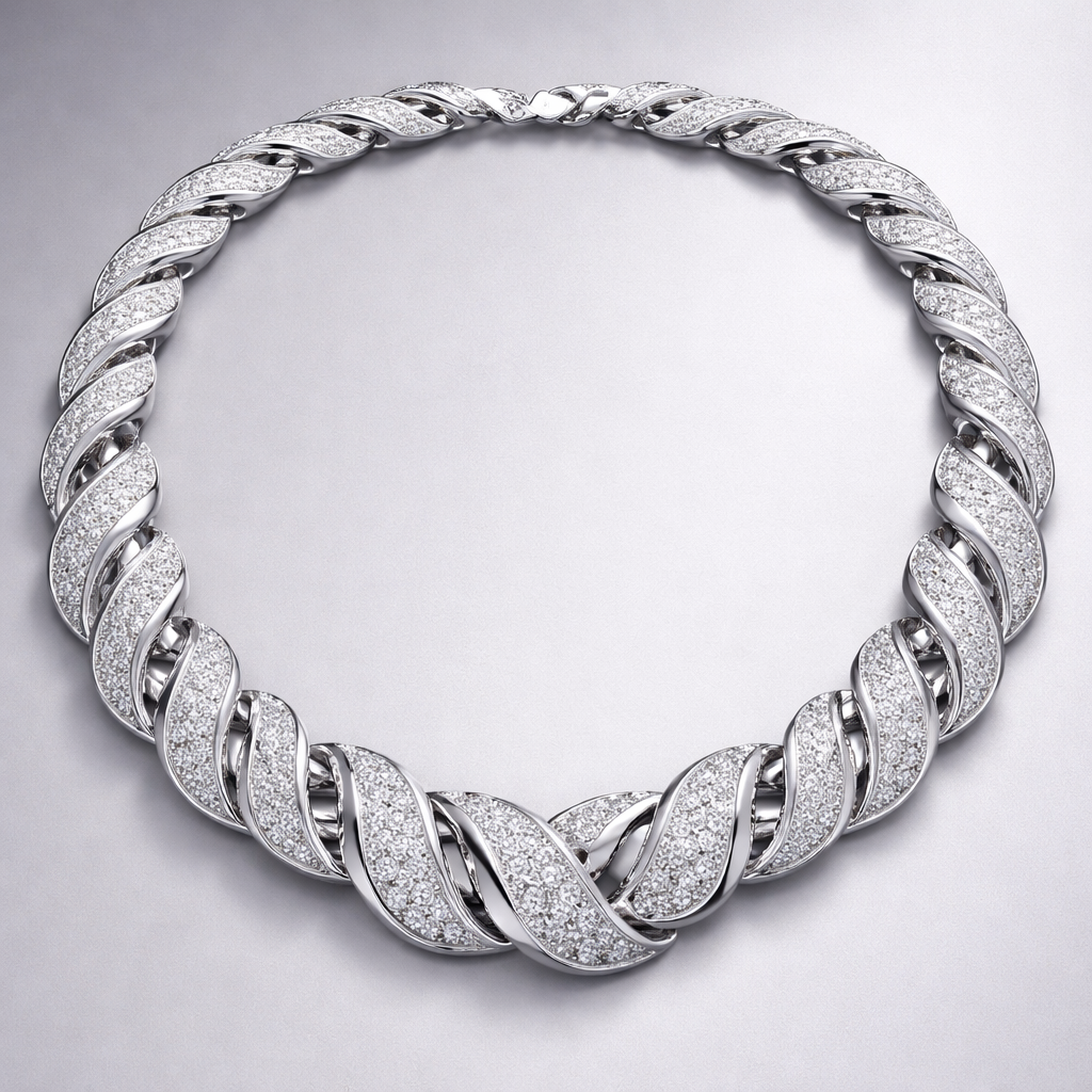 A necklace that is twisted and has diamonds and is made of separate pieces that links together