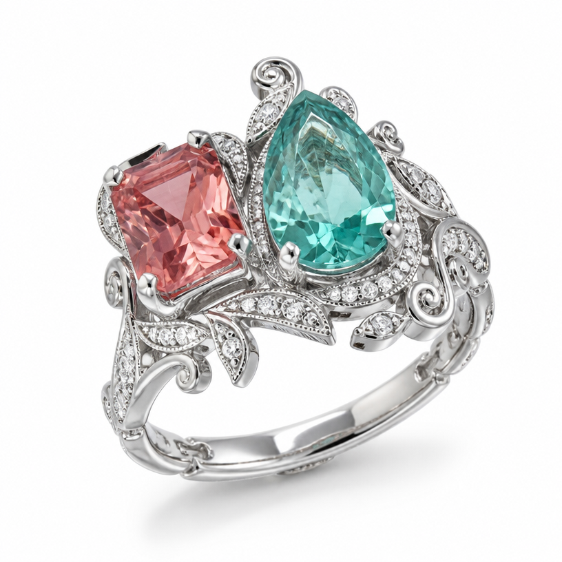 A minimalist women's ring made of white gold suitable for wedding, highly ornate, intricate and elaborate, richly detailed. Toi et Moi with rectangular Padparadsha coloured stone (10x8x5.5mm) & paraiba pear stone (14x9x6mm)
using the attached image as a visual reference, create A minimalist women's ring made of white gold suitable for wedding, highly ornate, intricate and elaborate, richly detailed. Toi et Moi with rectangular Padparadsha coloured stone (10x8x5.5mm) & paraiba pear stone (14x9x6mm). photorealistic, just the design no text