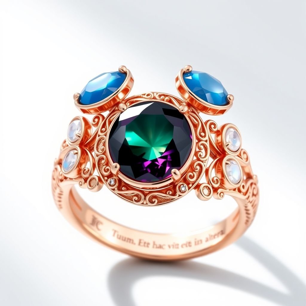 A simple rose gold engagement ring set with a circular alexandrite. Also set with a small half moon blue chalcedony on one side right next to it, and a small half moon moonstone set on the other side right next to it. On the inside of the band, it has an inscription reading, “Tuum. Et in hac vita et in altera.”