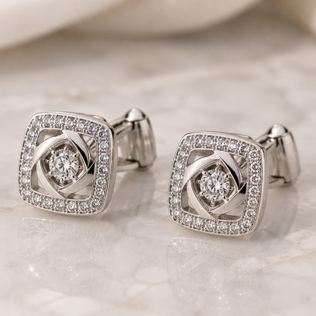 A women's cufflinks made of white gold with diamond stones suitable for wedding
photorealistic jewelry design, A women's cufflinks made of white gold with diamond stones suitable for wedding, modern style, just the design no text