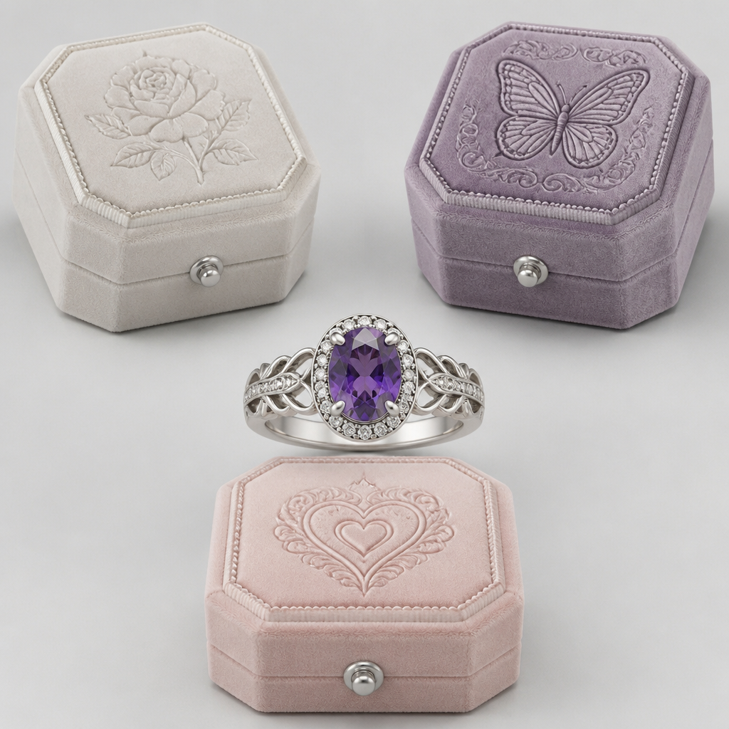 ring with purple jewel in the middle and put three box designs around the rings with each box having a engraved picture in the middle of them
photorealistic jewelry design, ring with purple jewel in the middle and put three box designs around the rings with each box having a engraved picture in the middle of them, just the design no text