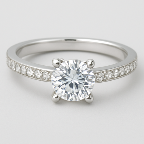 White gold pave t bar ring with 1 carat round stone 