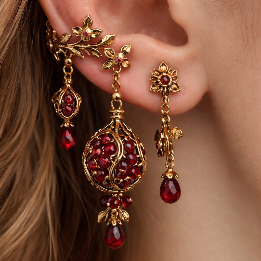 3 earrings. Two lobe ones and a helix one. Each one to have one or multiple pomegranate seeds beads. The rest of the details to be made of beads that are copper/brass colour. The metal work is to be made of copper filament gold colour. They need to look like as if these are Persephone's earrings