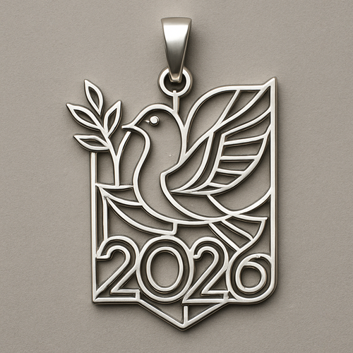 Silver minimal cut-out abstract charm blending together the pigeon of peace hold an olive branch along the year 2026