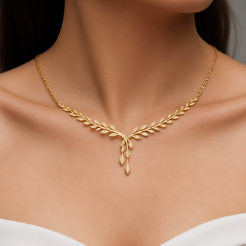 A modern women's necklace made of gold suitable for wedding
photorealistic jewelry design, A modern women's necklace made of gold suitable for wedding, modern style, just the design no text