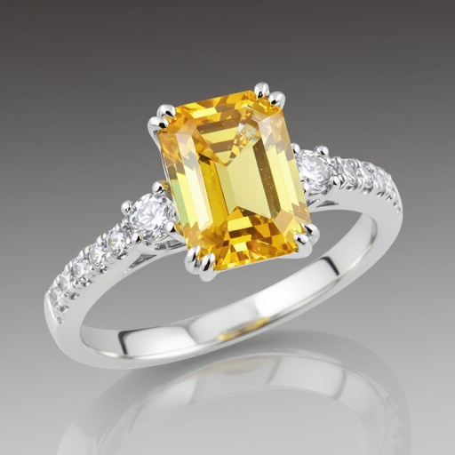 Make white gold ring with long Emerald Shape Yellow sapphire with small white diamonds 
