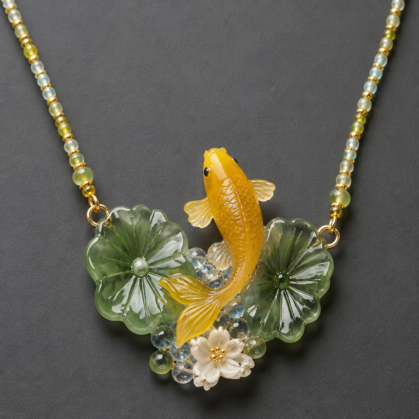 A asian-inspired women's necklace suitable for daily wear. yellow carp jumping up from a Lily pond. 2 jade Lily leaves frame the yellow jade fish. strands are made of glass seed beads.
using the attached image as a visual reference, create A asian-inspired women's necklace suitable for daily wear. yellow carp jumping up from a Lily pond. 2 jade Lily leaves frame the yellow jade fish. strands are made of glass seed beads.. photorealistic, just the design no text