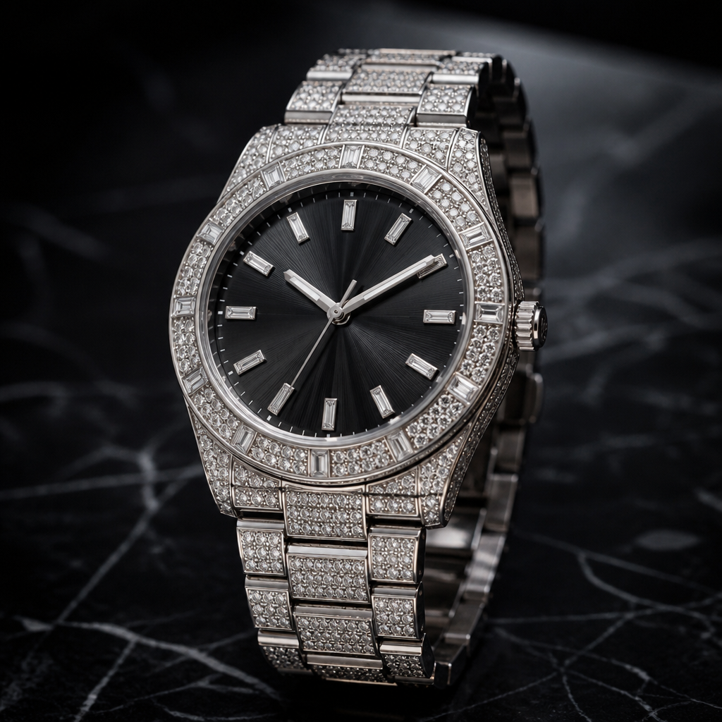 A luxury men's watch with diamond stones. Diamond Watch elegant classic
photorealistic jewelry design, A luxury men's watch with diamond stones. Diamond Watch elegant classic, luxury style, just the design no text