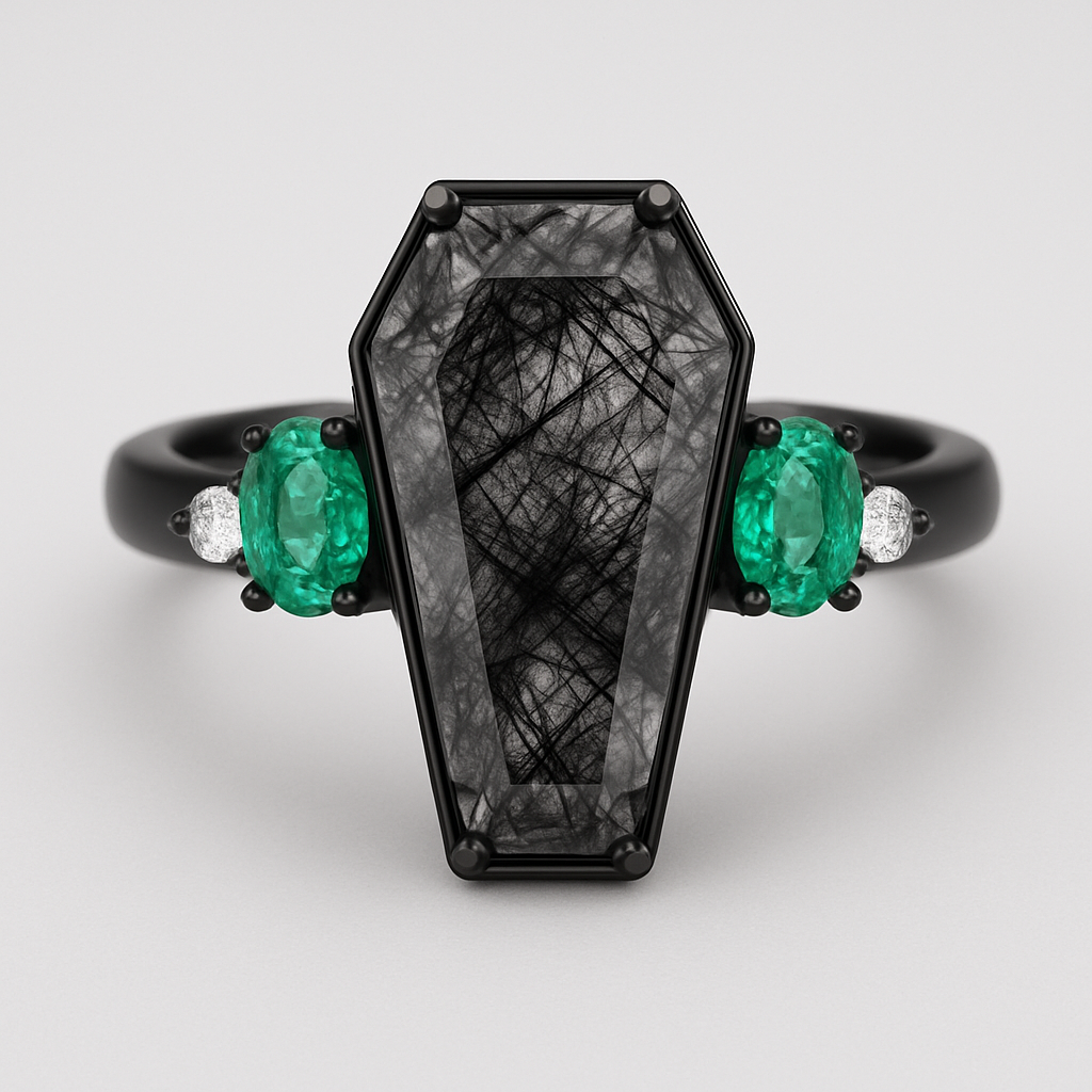 Coffin cut Black rutilated quartz with 1 emerald on each side and 3 moissanite on each side accent stones in a cluster on a black band