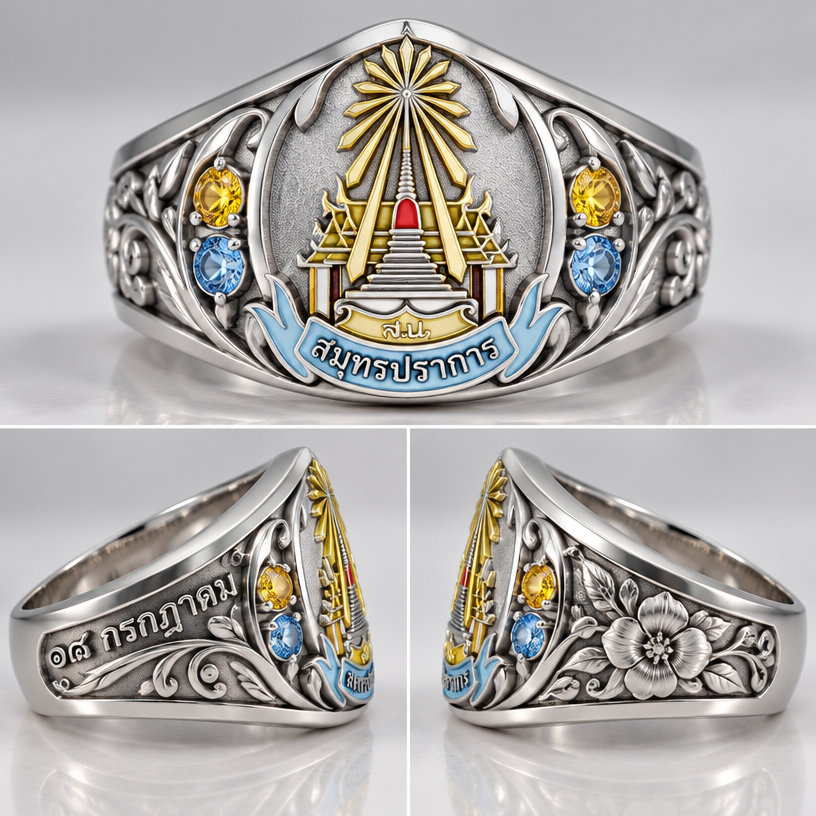 A modern women's ring made of silver, detailed and decorative, moderately ornate. สร้างรูปแหวนสปสตายคลาสสิคตราโรงเรียนสมุทรปราการอยู่ตรงกลางและเหล็กเป็นสีเทาเงินและมีกรอบโค้งตามรูปตรารร.ล้อมรอบสปเป็นแหวนหนาเท่ากัน เฉพาะส่วนหน้าที่ไม่ต้องเท่า เขียนข้างล่างตราโรงเรียนว่า สมุทรปราการเป็นโค้งตามรูปแหวน ตาโรงเรียนว่าสมุทรปราการ ข้างซ้ายเขียนว่า 18 กรกฎาคมสถาปนาเป็นเลขไทย ข้างขวาเป็นรูปดอกประดู่และมีลายดอกประดู และมีเพชรสีเหลืองกับเพชรสีฟ้าข้างๆตาโรงเรียน ระหว่างกึ่งกลางทั้งสองฝั่ง ตรงตราโรงเรียนข้างหน้าไม่ต้องโค้ง และโชว์รูปข้างซ้ายกับข้างขวามาด้วยทั้งหน้าซ้ายขวา
using the attached image as a visual reference, create A modern women's ring made of silver, detailed and decorative, moderately ornate. สร้างรูปแหวนสปสตายคลาสสิคตราโรงเรียนสมุทรปราการอยู่ตรงกลางและเหล็กเป็นสีเทาเงินและมีกรอบโค้งตามรูปตรารร.ล้อมรอบสปเป็นแหวนหนาเท่ากัน เฉพาะส่วนหน้าที่ไม่ต้องเท่า เขียนข้างล่างตราโรงเรียนว่า สมุทรปราการเป็นโค้งตามรูปแหวน ตาโรงเรียนว่าสมุทรปราการ ข้างซ้ายเขียนว่า 18 กรกฎาคมสถาปนาเป็นเลขไทย ข้างขวาเป็นรูปดอกประดู่และมีลายดอกประดู และมีเพชรสีเหลืองกับเพชรสีฟ้าข้างๆตาโรงเรียน ระหว่างกึ่งกลางทั้งสองฝั่ง ตรงตราโรงเรียนข้างหน้าไม่ต้องโค้ง และโชว์รูปข้างซ้ายกับข้างขวามาด้วยทั้งหน้าซ้ายขวา. photorealistic, just the design no text