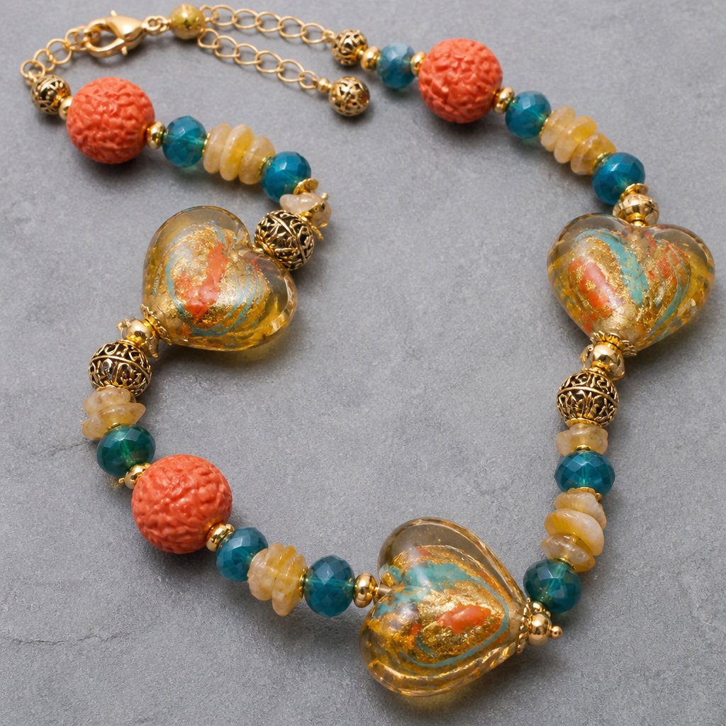 "Murano glass heart beads golden citrine in color with orange and teal colors in them 24.5mm x 24.5mm, carved orange coral 18mm beads, teal faceted apatite beads, yellow opal chips, gold filigree beads "
photorealistic jewelry design, "Murano glass heart beads golden citrine in color with orange and teal colors in them 24.5mm x 24.5mm, carved orange coral 18mm beads, teal faceted apatite beads, yellow opal chips, gold filigree beads ", bohemian style, just the design no text