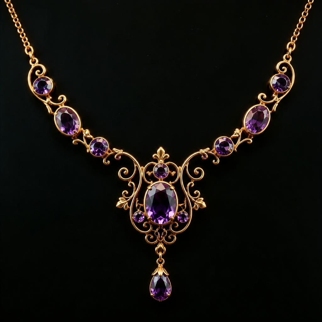A victorian women's necklace made of rose gold with amethyst stones
photorealistic jewelry design, A victorian women's necklace made of rose gold with amethyst stones, victorian style, just the design no text