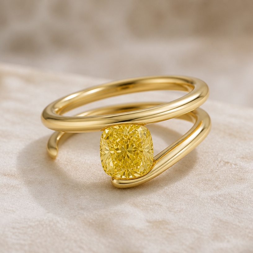 A 1.1 ct fancy vivid yellow diamond cushion cut VVS2. The setting is a wrap around with two full wraps around and the stone is at the end
edit the attached jewelry design with these instructions: A 1.1 ct fancy vivid yellow diamond cushion cut VVS2. The setting is a wrap around with two full wraps around and the stone is at the end. keep it photorealistic, just the design no text