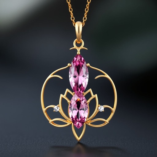 A everyday wear and elegant gold necklace with a pink color gemstone in a marquise cut. All the details are delicate and they rappresent the petals of the flower lotus. Add also two small white gems in the decor