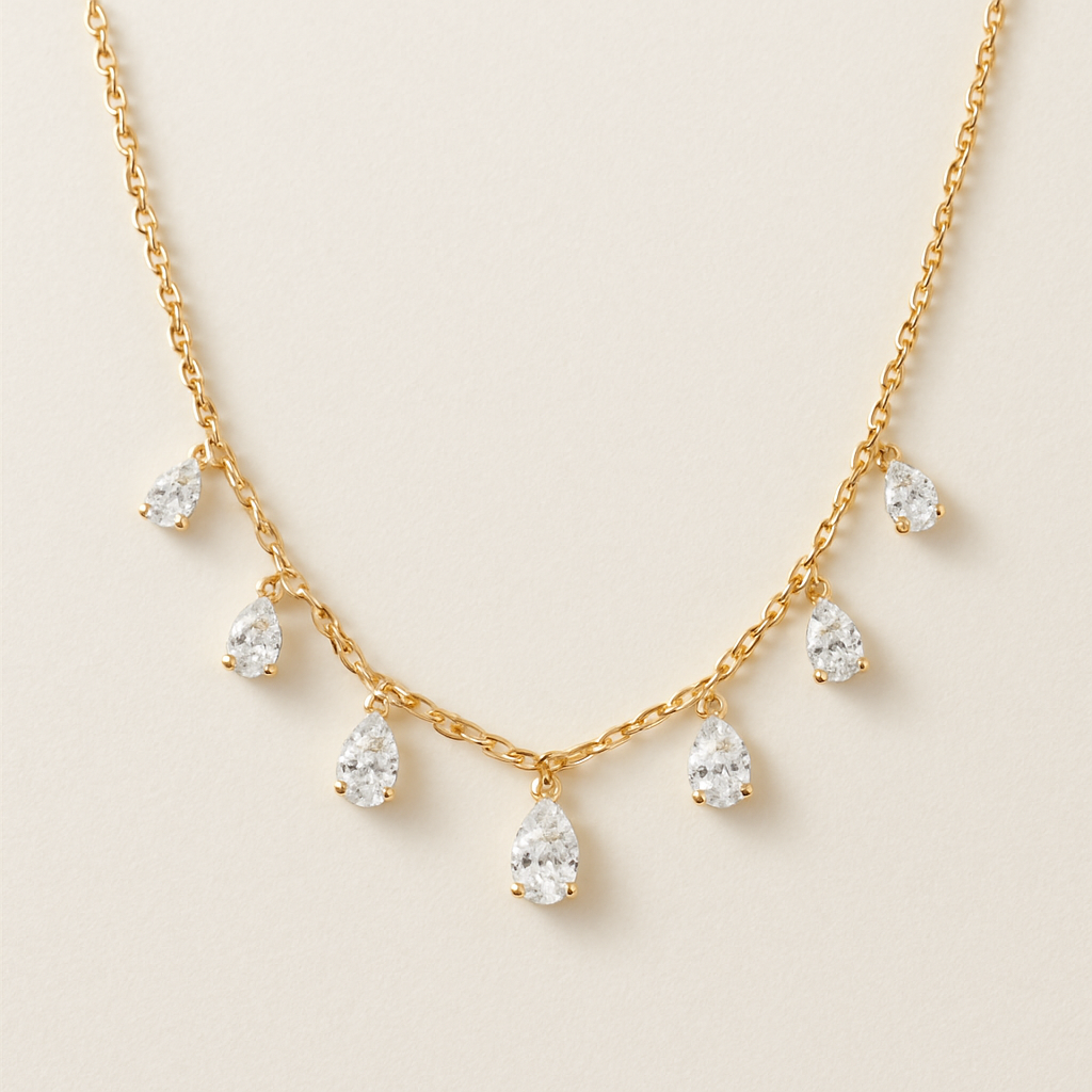 Pear shape pears station necklace 7 diamonds small each diamonds .15 no bezel
