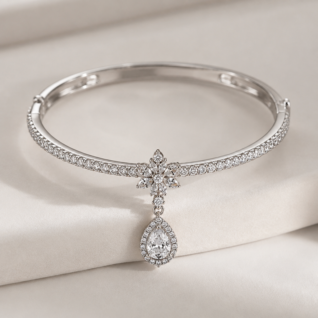 A bangle women's pendant made of white gold with diamond stones suitable for formal
photorealistic jewelry design, A bangle women's pendant made of white gold with diamond stones suitable for formal, bangle style, just the design no text