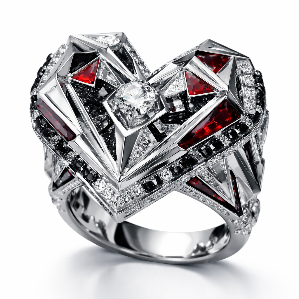 Heart Geomatric ring of egdes and architecture shapes and bold of diamonds black and white and red of white background of edgy style and elements shape