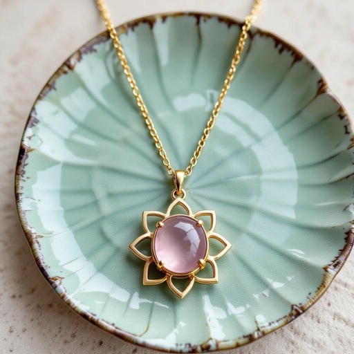 Золотая матовая цепочка. Подвеска матовая лотос шесть лепестков нижние лепестки крупнее верхних  не круглый . В сердце лотоса матовый розовый кварц овальный