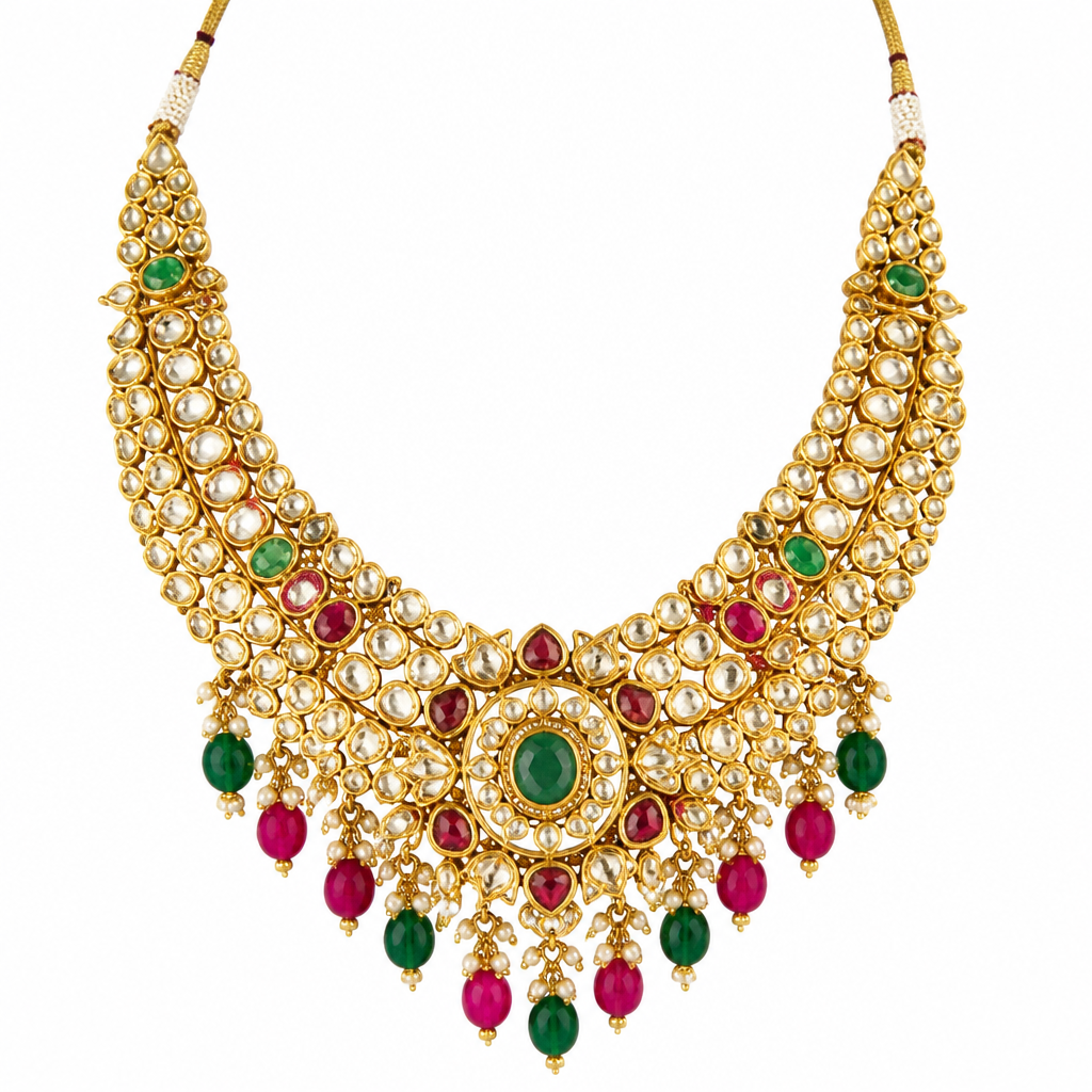Luxury Indian bridal necklace, 22K gold, intricate Kundan work, Polki diamonds, emerald and ruby gemstones, traditional royal design, highly detailed, realistic jewellery product photography, white background
photorealistic jewelry design, Luxury Indian bridal necklace, 22K gold, intricate Kundan work, Polki diamonds, emerald and ruby gemstones, traditional royal design, highly detailed, realistic jewellery product photography, white background, bohemian style, just the design no text